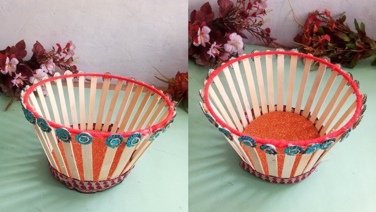 Popsicle Stick Flower basket making || Diy Home Decor Craft || Ice cream stick Basket