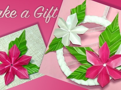 Origami flowers and leaves. Origami Flower wreath. DIY wall hanging decor with paper flowers.