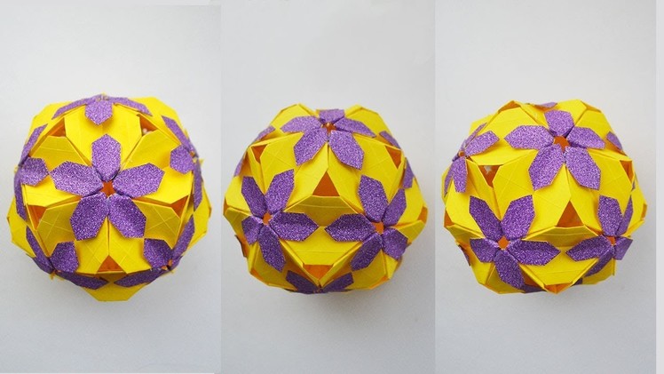 Decoration for room | Cute Paper Kusudama Ball "Flowers" | Craft Yellow and Purple Tutorial DIY