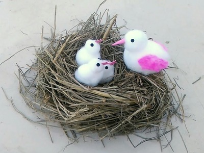 Make Bird with their little babies in nest from cotton. Gk craft