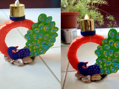 Peacock candle stand. Diwali decoration.Best out of waste craft