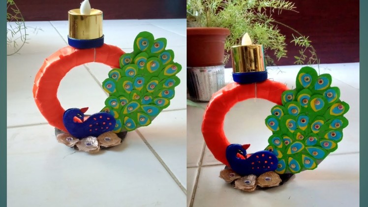 Peacock candle stand. Diwali decoration.Best out of waste craft