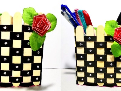 Pen pencil holder.Craft ideas.Craft with ice-cream sticks