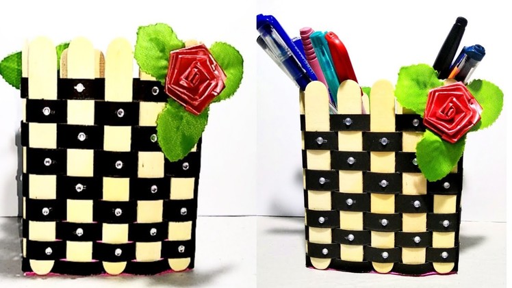 Pen pencil holder.Craft ideas.Craft with ice-cream sticks