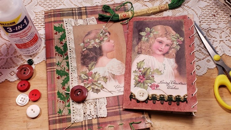 Primitive Stitching Wallpaper Christmas Junk Journal Covers Craft with Me. Tutorial