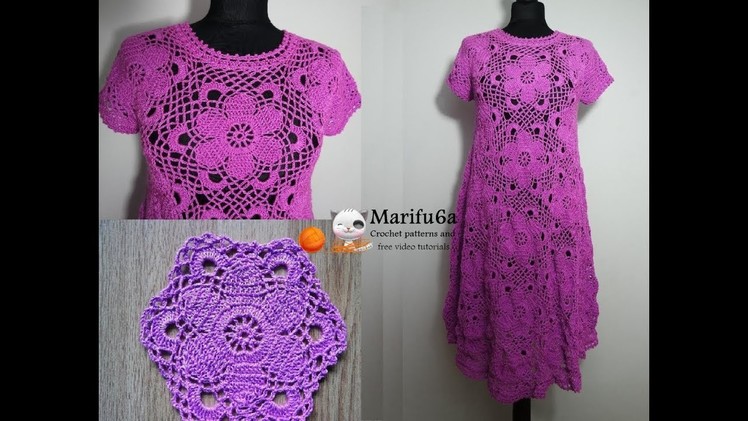 How to crochet purple dress with flowers tutorial and pattern by marifu6a