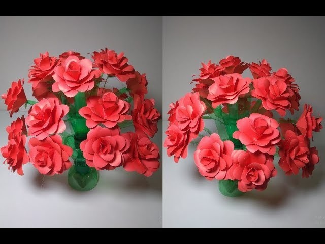 Art & Craft,How to Make Paper Rose Flower|Flower vase With Plastic Bottler|Paper Craft Idea at home