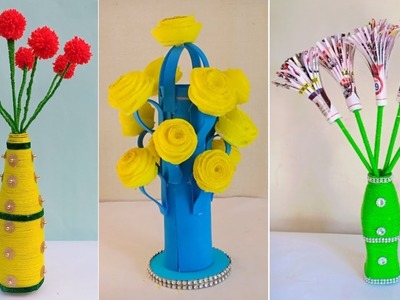 3 DIY Best flower Guldasta designs | flower Pot. Vase | Plastic bottle Guldasta | Best Out Of Waste
