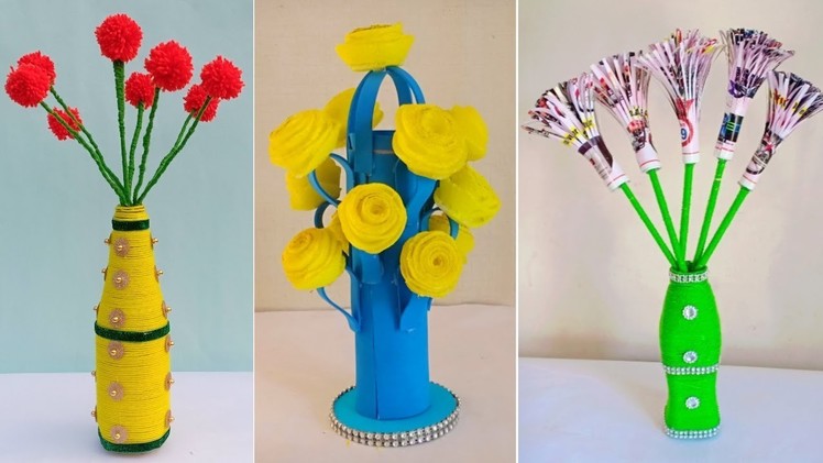 3 DIY Best flower Guldasta designs | flower Pot. Vase | Plastic bottle Guldasta | Best Out Of Waste