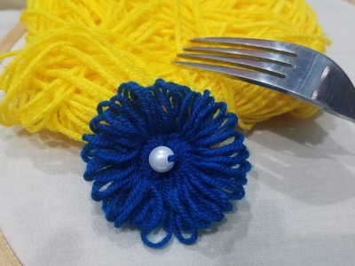 Hand Embrodery:Wow Very Easy #Sewing Hack Trick Make Wool Fluffy Flower With fork,Easy Flower