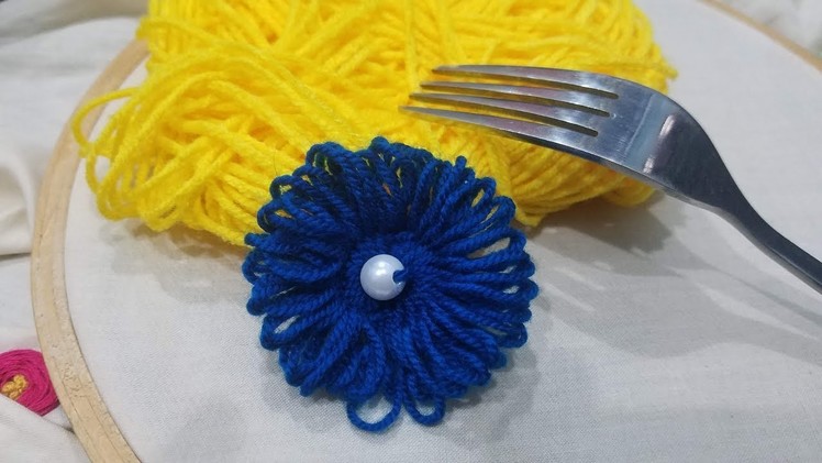 Hand Embrodery:Wow Very Easy #Sewing Hack Trick Make Wool Fluffy Flower With fork,Easy Flower