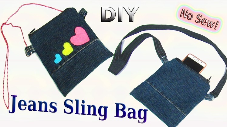 DIY Easy Denim Sling Bag Out Of Old Jeans - How To Make No Sew Pouch, Phone Case From Old Jeans