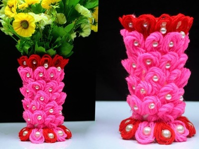 DIY flower Vase out of plastic bottle & wool at home.easy home crafts ideas