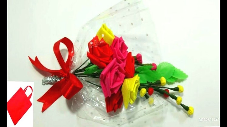 How to Make Rose Flower Bouquet Using Shopping Bag - Handmade Rose bouquet  -  DIY Flower Bouquet