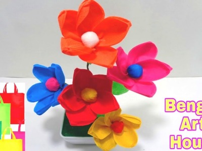 Making Shopping Bag Flowers - DIY Recycle Shopping Bag Flowers Making Idea - Making Flower  bunches
