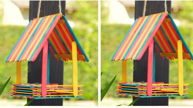 Easy and simple popsicle stick bird house. balcony makeover.  easy diy