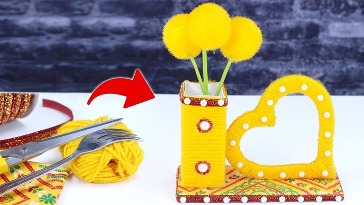 কার্ডবোর্ড ও উলের সুতা দিয়ে ফুলদানী তৈরি শিখুন ! DIY flower vase From Cardboard