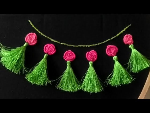 Hand embroidery neck design | bullion knot flower design with tassels | beautiful neckdesign