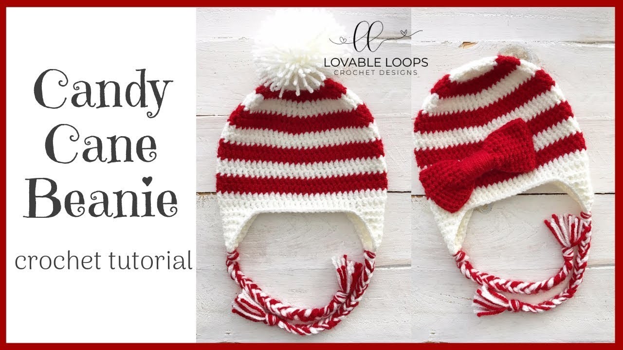 Candy Cane Beanie Hat Crochet Pattern Tutorial, Crochet Bow Pattern