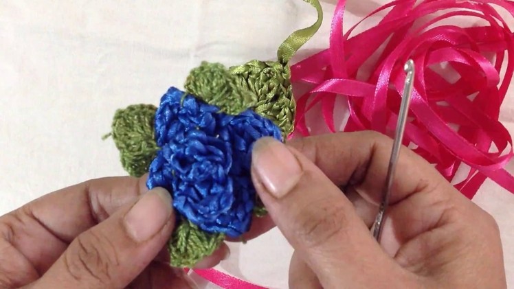 Hand Embroidery Rose Flower with Crochet, Stump Work & Ribbon Work