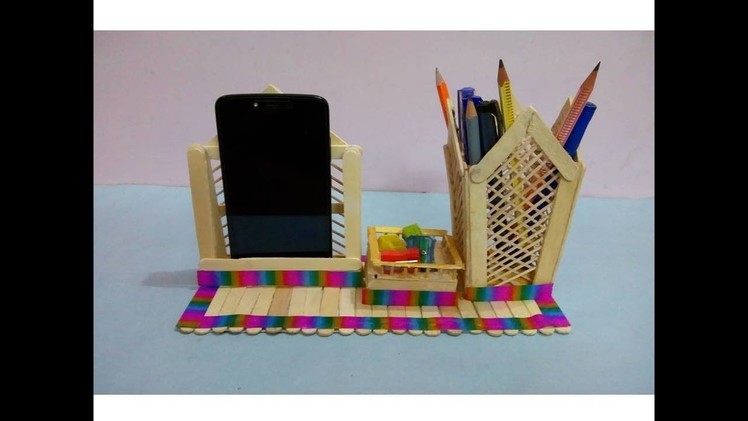 DIY Pen Stand, Mobile Phone Holder by Ice cream stick | Ice cream stick craft | Popsicle stick craft