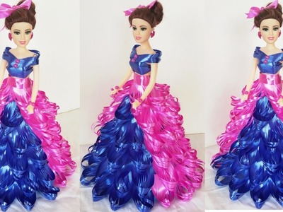 DIY Doll Decoration Idea Using Plastic Ribbon.Doll Dress Making with Plastic Ribbon