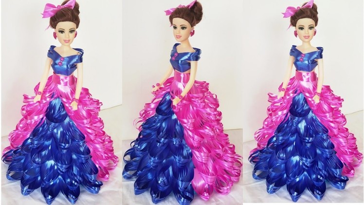 DIY Doll Decoration Idea Using Plastic Ribbon.Doll Dress Making with Plastic Ribbon