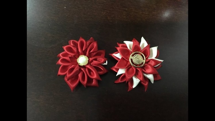 DIY kanzashi satin ribbon flower hair clip.