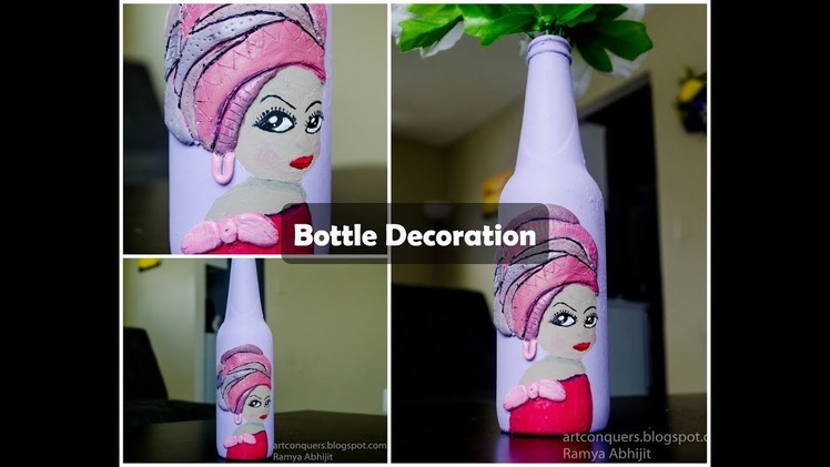 Bottle decoration Ideas with Clay|Bottle painting  design tutorial|Wine bottle crafts for beginners