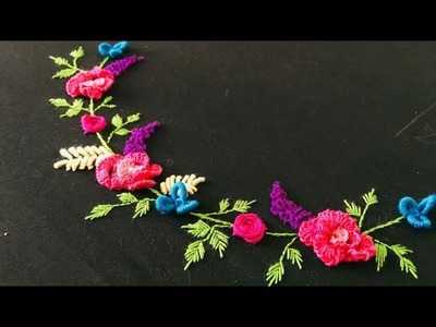Easy hand embroidery neck design for dress | Brazilian flower pattern embroidery for kurti