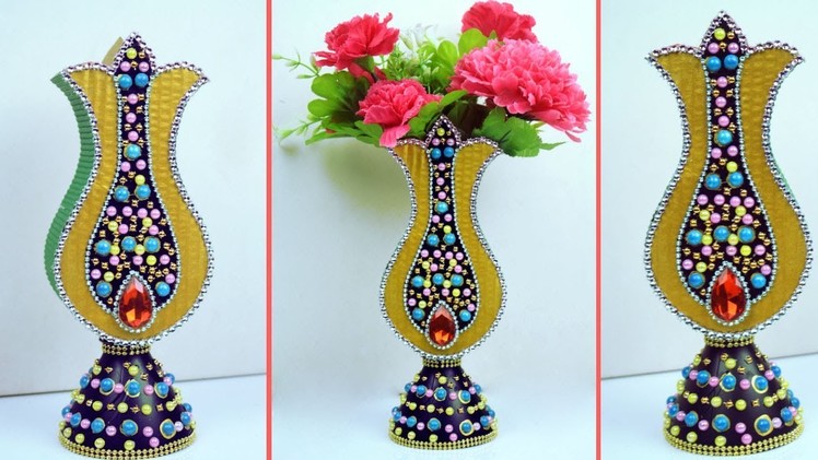 Best Out of Waste Flower Vase Making | Plastic Bottle and Cardboard Combination Home Decor Idea