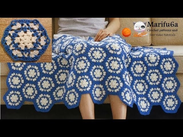 How to crochet easy  blanket blue and white afghan free tutorial by marifu6a