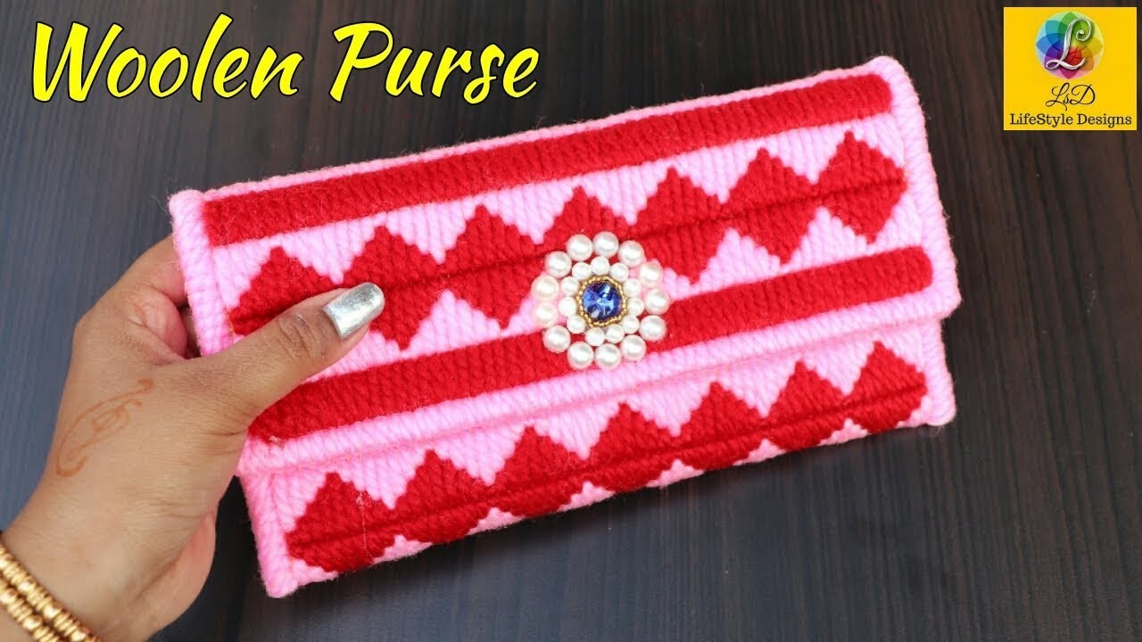 How to make a woolen ladies hand bag Or Purse Using Plastic Canvas | DIY Ladies Purse Woolen Craft