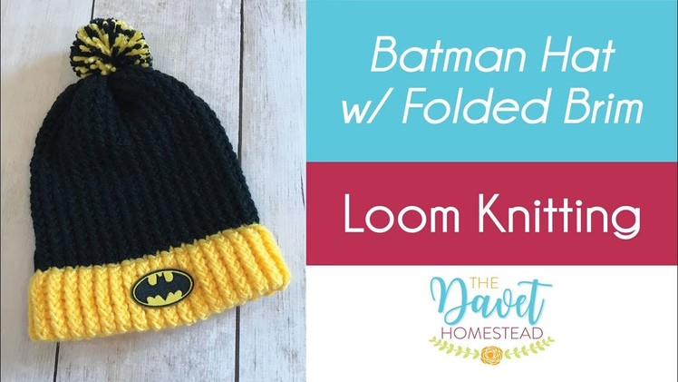 Loom Knit Batman hat with folded brim and Pom Pom