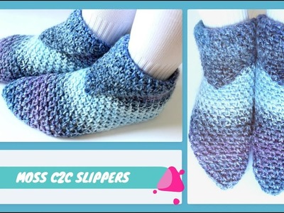 How to Crochet  Easy C2C Moss Slippers from a square