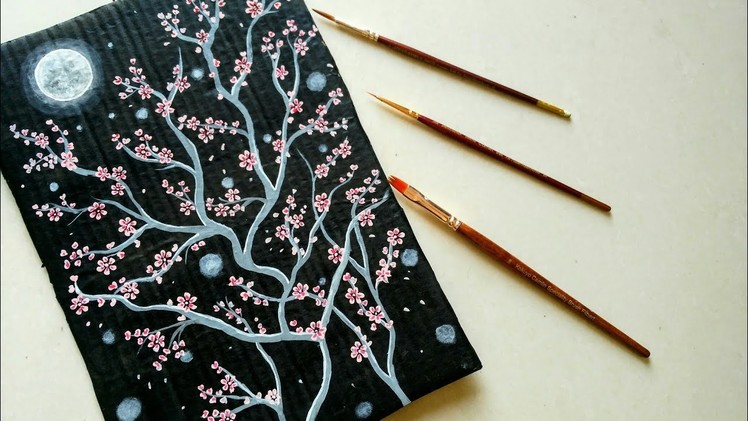Cardboard Painting || Easy Cherry blossom Painting ||Night view Painting on Cardboard