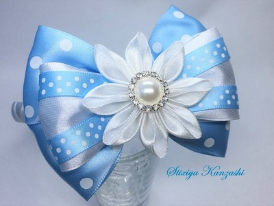 DIY. Decoration on the hairband Kanzashi. White - blue bow