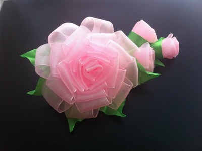 DIY. The decoration on the hairpin Kanzashi. Rose with buds from organza