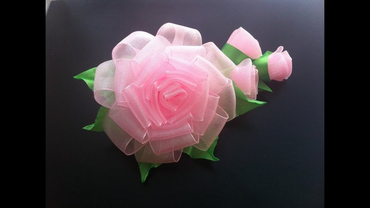 DIY. The decoration on the hairpin Kanzashi. Rose with buds from organza