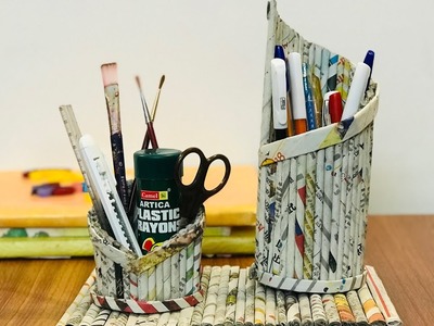 How to make Pen Stand from newspaper| How to make cutlery holder | Multipurpose Stand