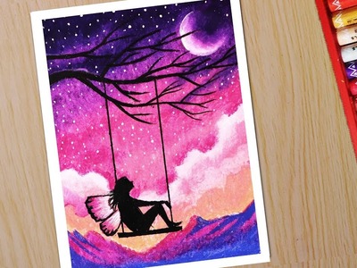 Oil pastel drawing for beginners | Scenery drawing of Fairy on Swing