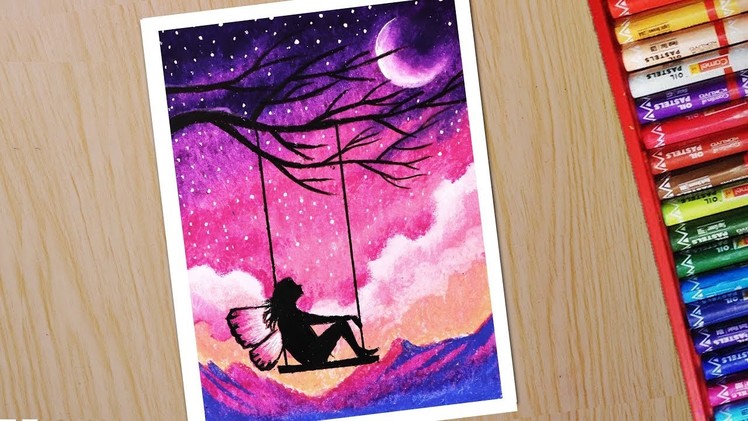 Oil pastel drawing for beginners | Scenery drawing of Fairy on Swing