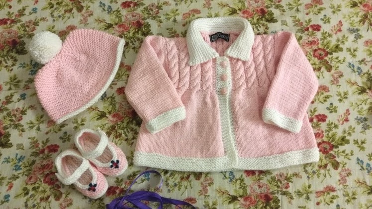 Pink knitted cable design frock,cap,booties set for baby girl By Clydknits.