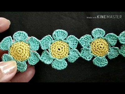 270-Crochet #41,six petals flowers weaved in a lace with subtitles,फूलों से गुंथी लेस (Hindi.Urdu)