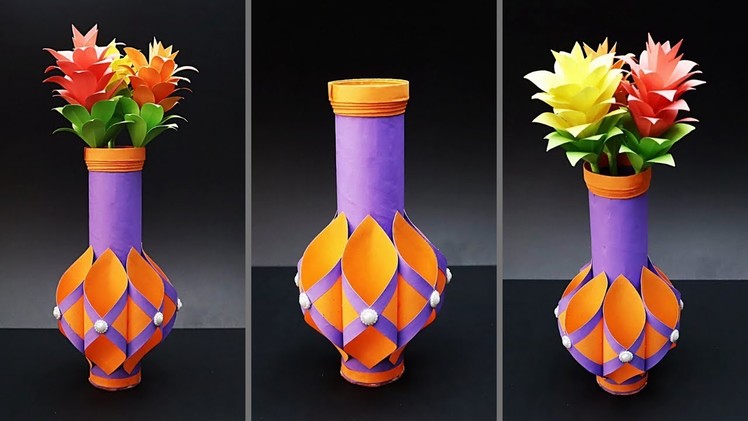 Easy Paper Flower Vase | How to Make a Paper Flower Vase At Home | Tissue Paper Roll Flower Vase