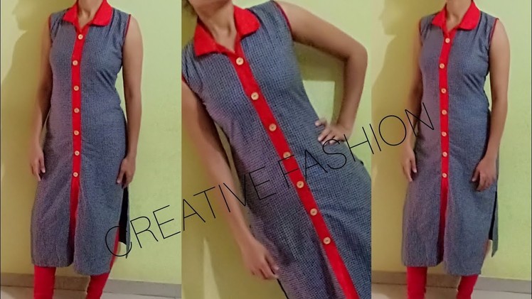 Front slit kurti with open collar cutting stitching.