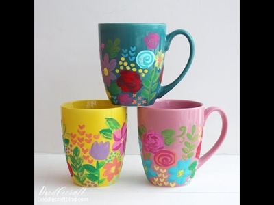 Hand Painted Floral Ceramic Mugs with Plaid Dishwasher Safe Mod Podge