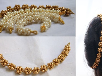 How to make Golden hair accessory.golden pearls & metal wire hair accessory.Moti veni