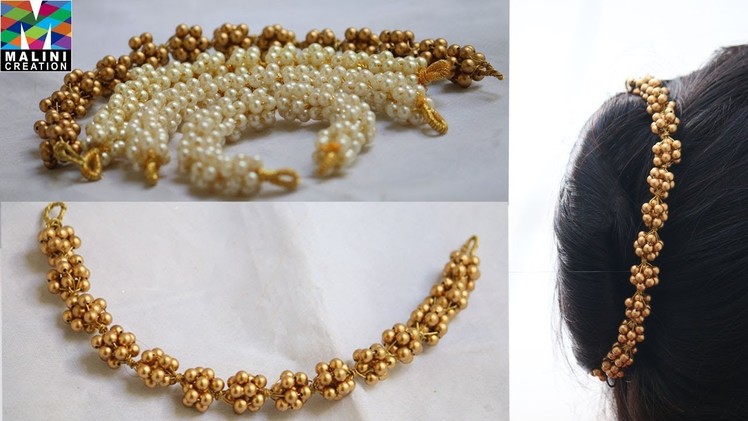 How to make Golden hair accessory.golden pearls & metal wire hair accessory.Moti veni