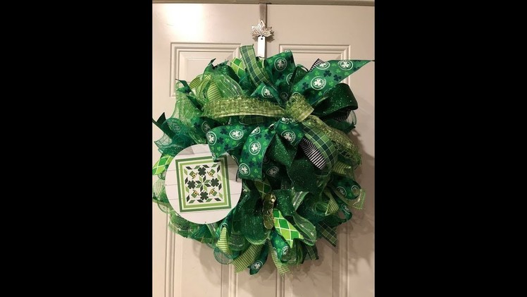St Patrick's Day 30 in ruffle deco mesh wreath with dollar tree base and pipe cleaners